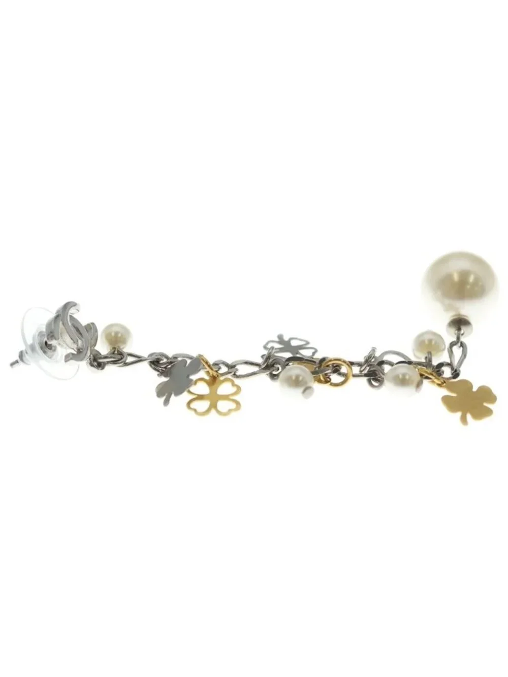 Chanel CC Logo Clover Heart Motif Faux Pearl Earrings Silver Gold